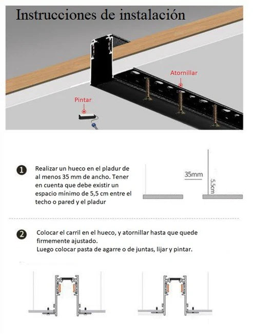 Carril magnético 20mm empotrable - 48V - 2 metros