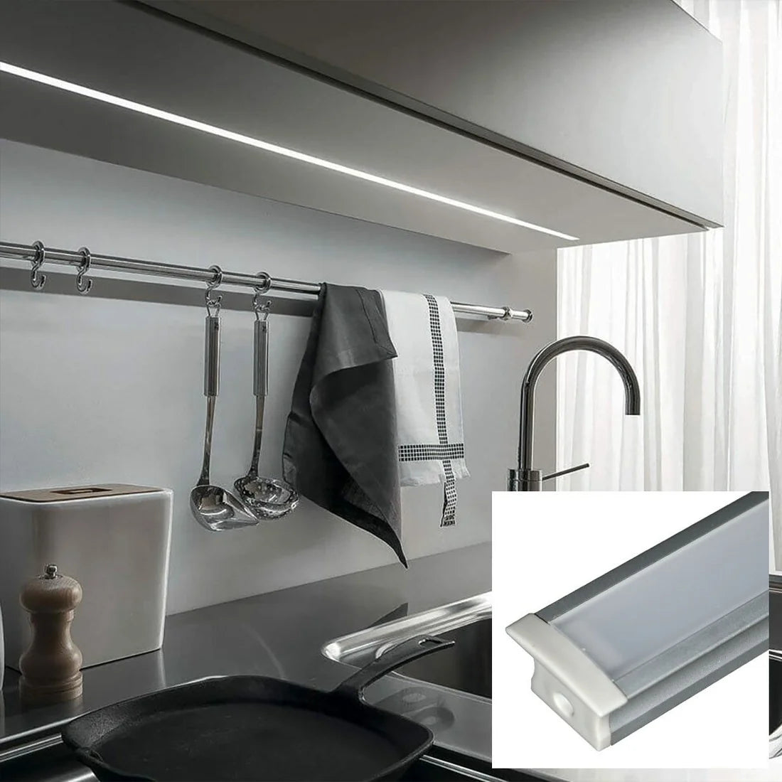 Perfil de aluminio de empotrar - Kit completo - 25 x 14,5mm - Tira LED hasta 12 mm - 2 metros