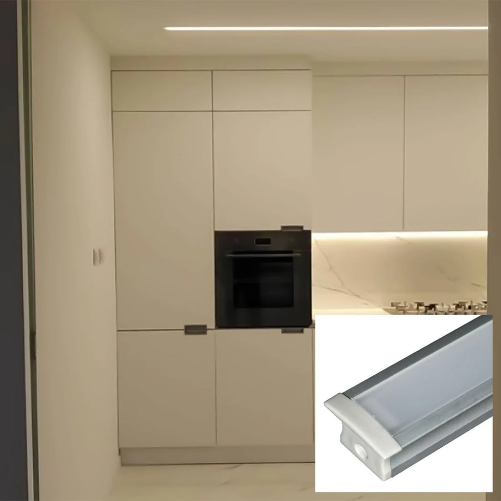 Perfil de aluminio de empotrar - Kit completo - 25 x 14,5mm - Tira LED hasta 12 mm - 2 metros