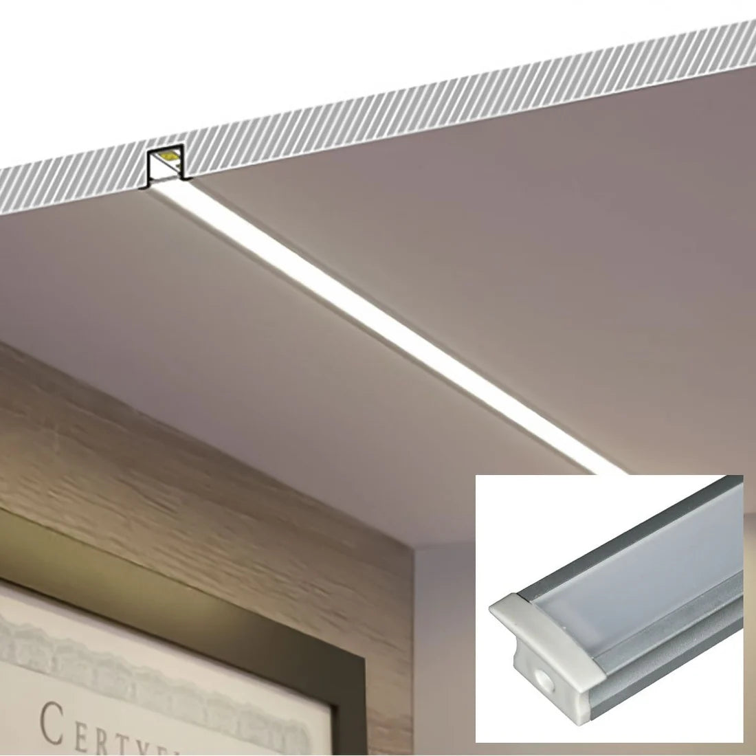 Perfil de aluminio de empotrar - Kit completo - 25 x 14,5mm - Tira LED hasta 12 mm - 2 metros