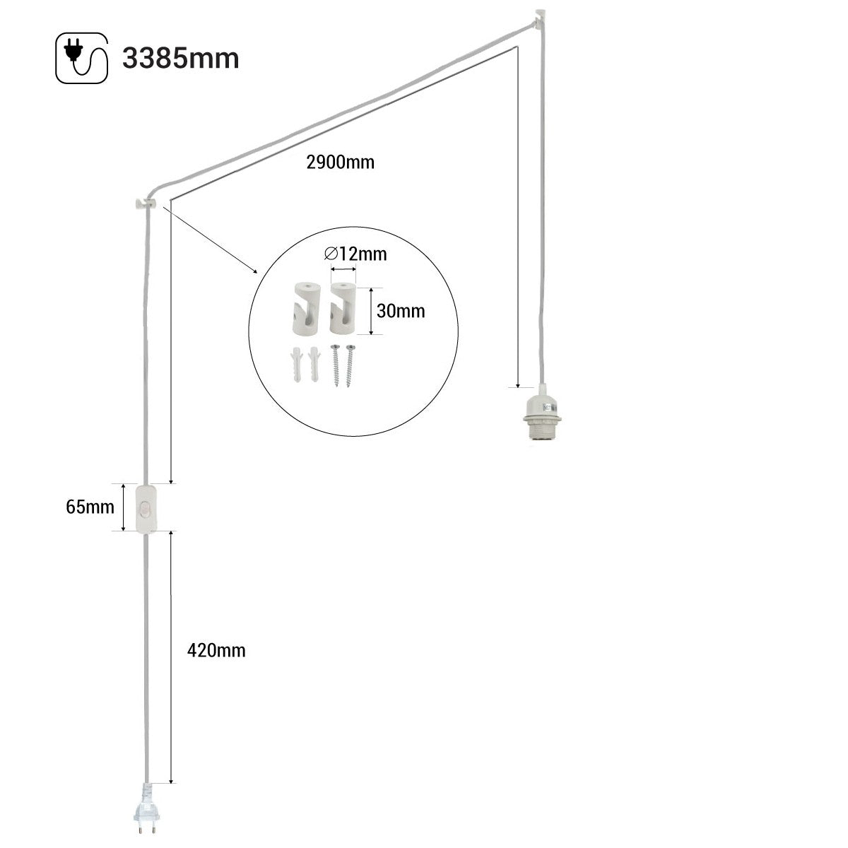 Casquillo E27 con cable de PVC, interruptor y enchufe