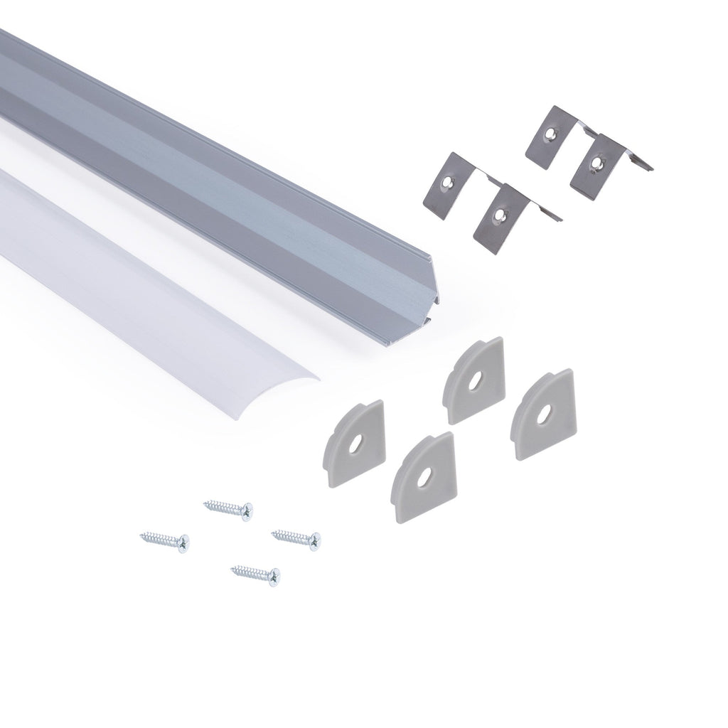 Perfil de aluminio de superficie para esquinas - Con difusor - Kit completo - 20x20mm - Tira LED hasta 10mm - 2 metros