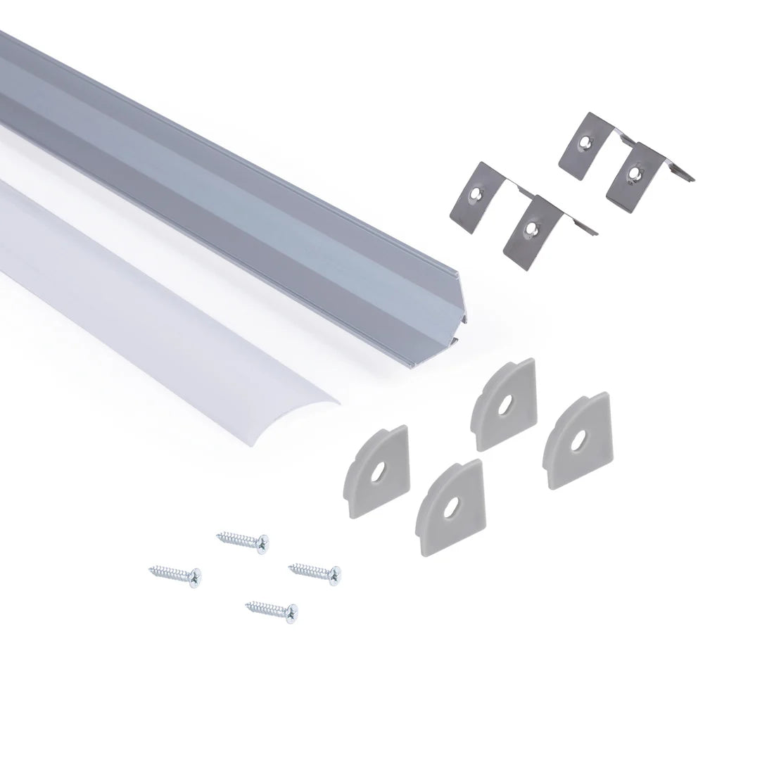 Perfil de aluminio de superficie para esquinas - Con difusor - Kit completo - 20x20mm - Tira LED hasta 10mm - 2 metros