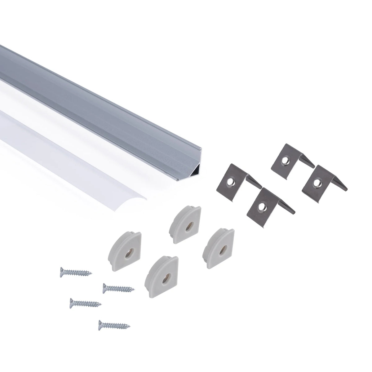 Perfil de aluminio de superficie para esquinas - Con difusor - Kit completo - 16x16mm - Tira LED hasta 10mm - 2 metros