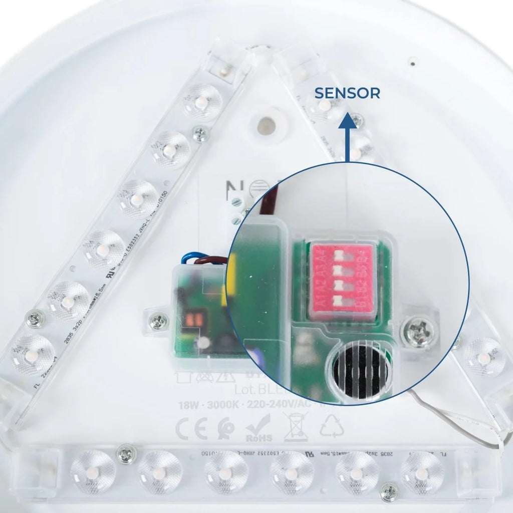 Plafón LED techo 18W - Sensor de sonido + sensor crepuscular - IP44 - Ø26 cm