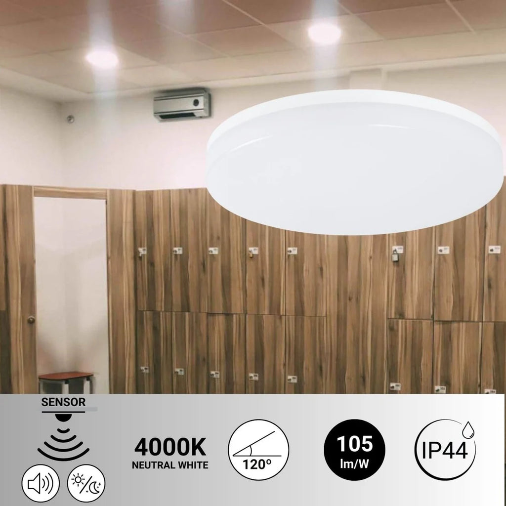 Plafón LED techo 18W - Sensor de sonido + sensor crepuscular - IP44 - Ø26 cm