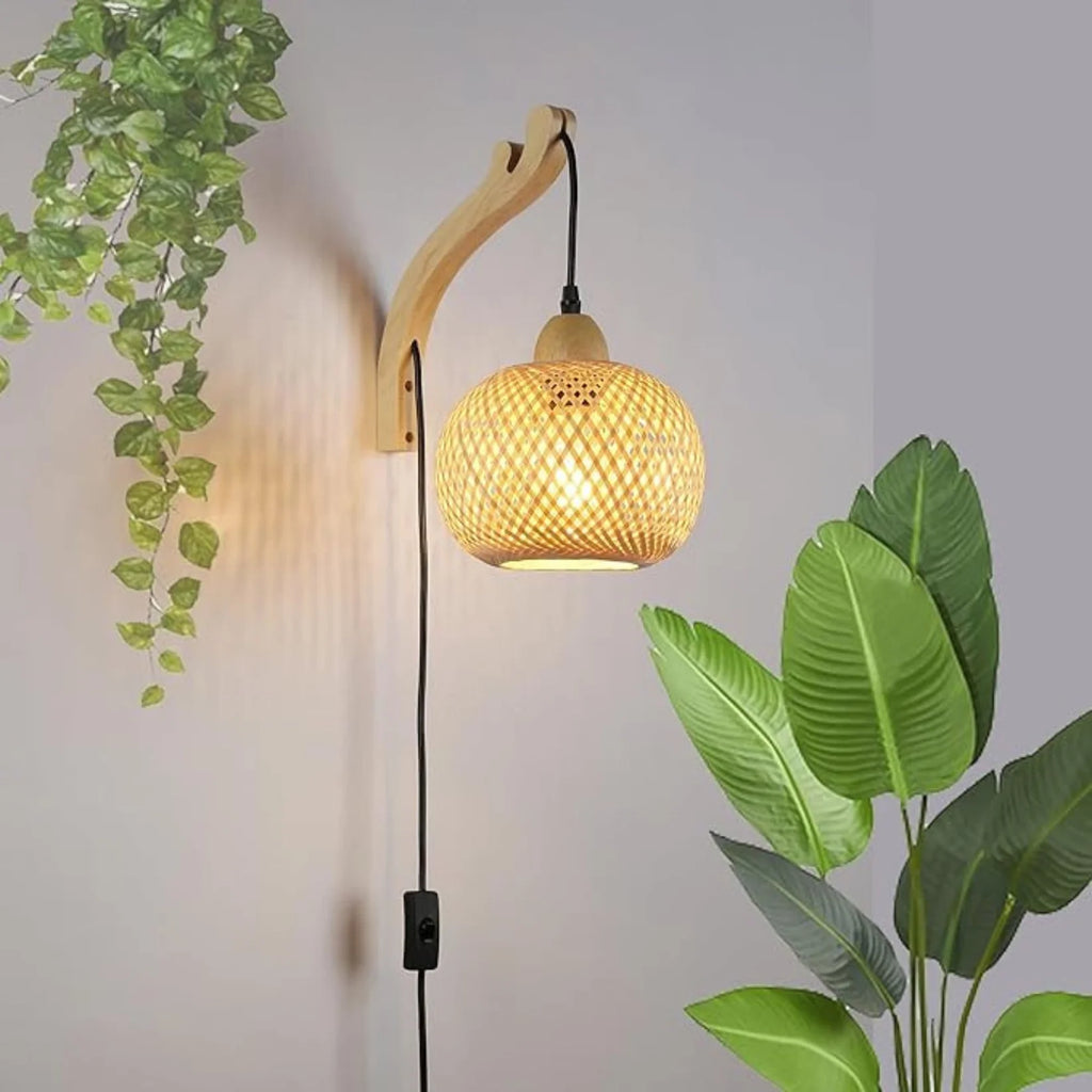 Aplique de Pared de Mimbre y Madera "Phuket" | Con Cable y Enchufe - E27