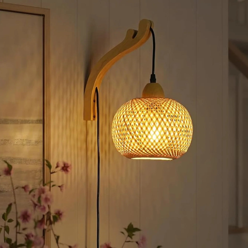 Aplique de Pared de Mimbre y Madera "Phuket" | Con Cable y Enchufe - E27