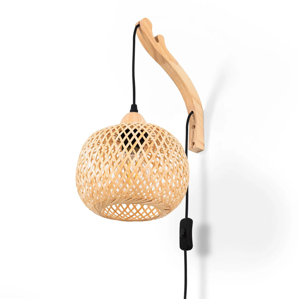 Aplique de Pared de Mimbre y Madera "Phuket" | Con Cable y Enchufe - E27