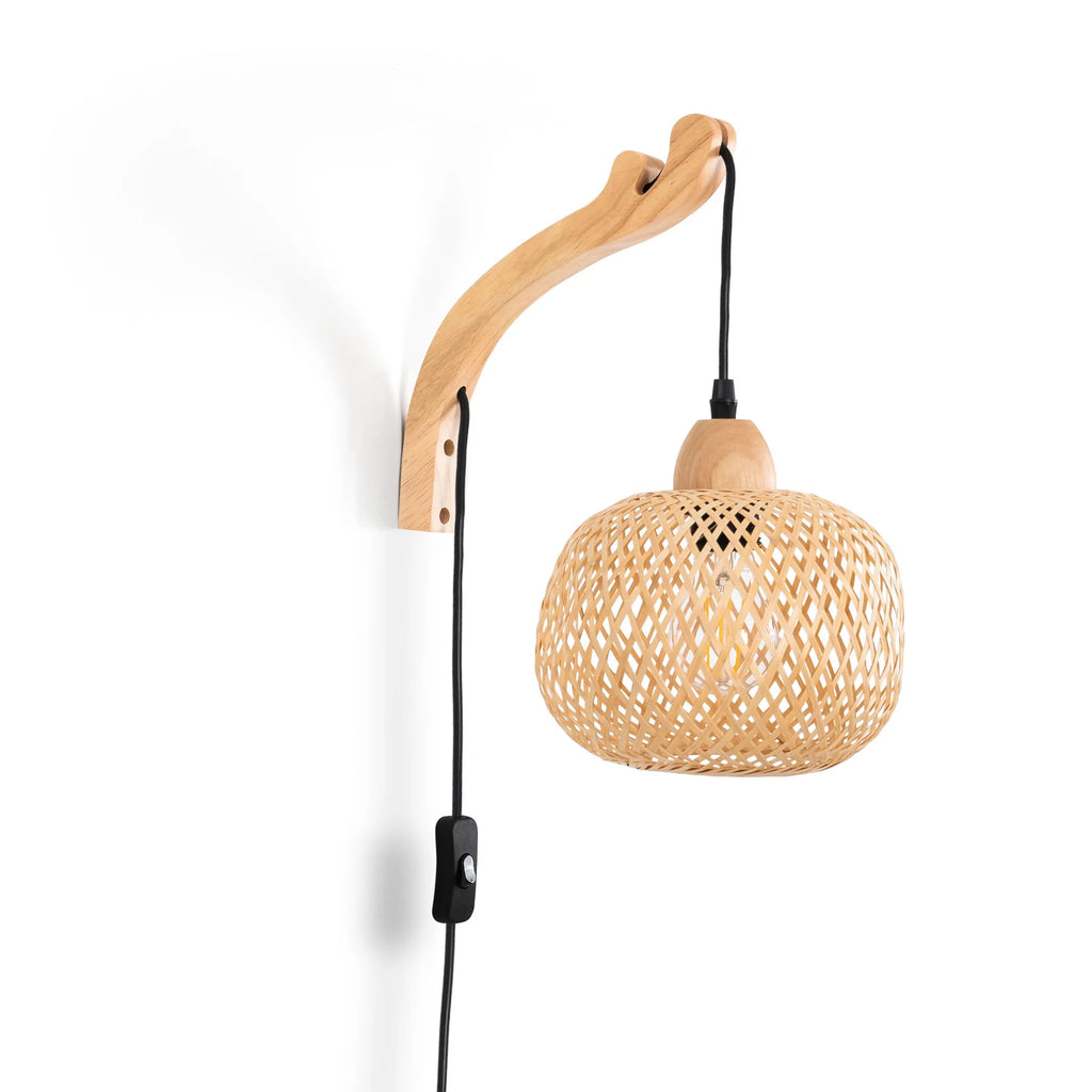 Aplique de Pared de Mimbre y Madera "Phuket" | Con Cable y Enchufe - E27