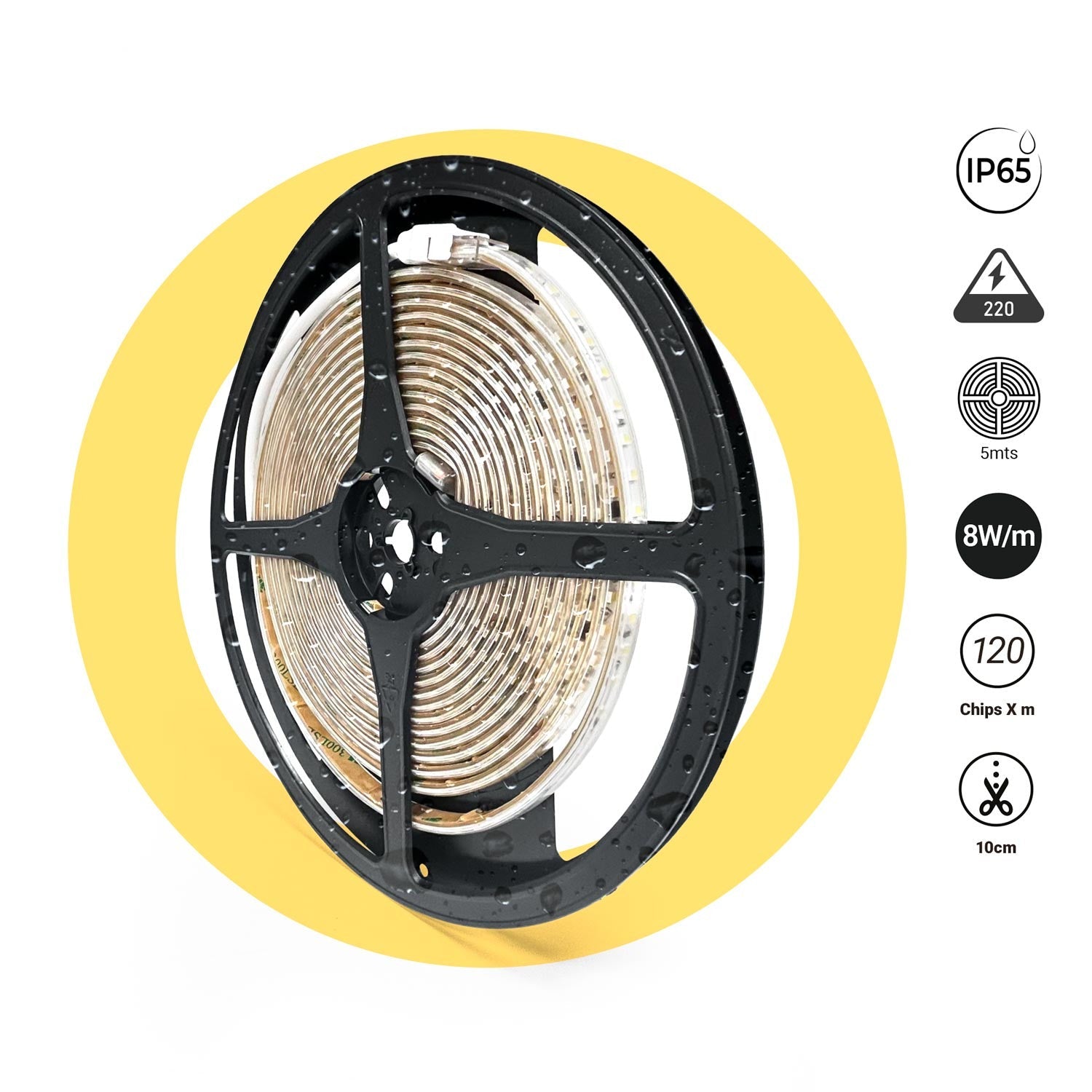 Tira LED 220V AC - Monocolor - 8W/m - 10mm - IP65 - 5 metros - 120ch/m