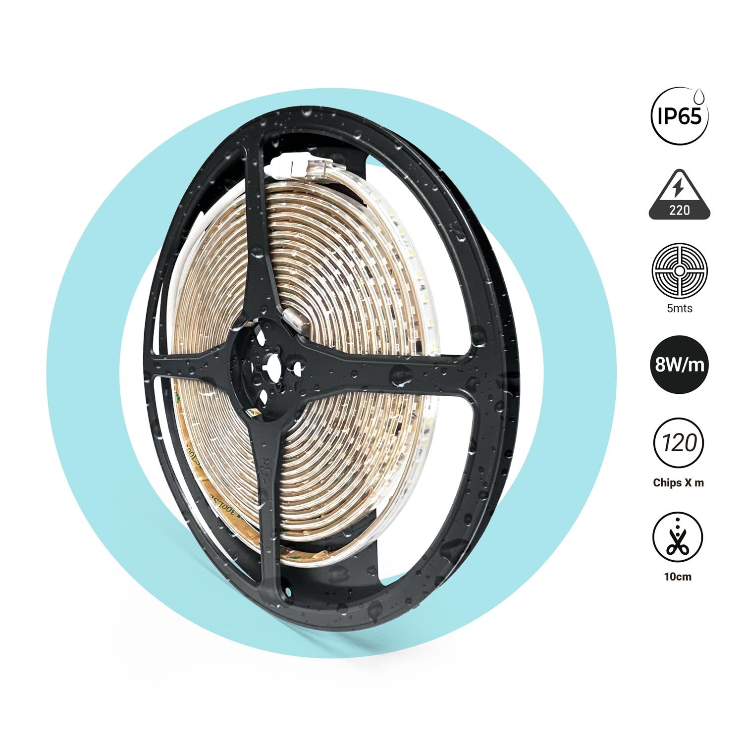 Tira LED 220V AC - Monocolor - 8W/m - 10mm - IP65 - 5 metros - 120ch/m