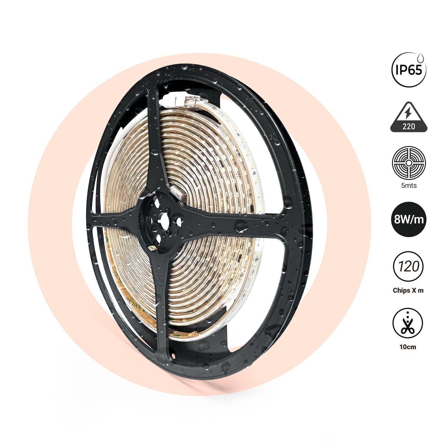 Tira LED 220V AC - Monocolor - 8W/m - 10mm - IP65 - 5 metros - 120ch/m