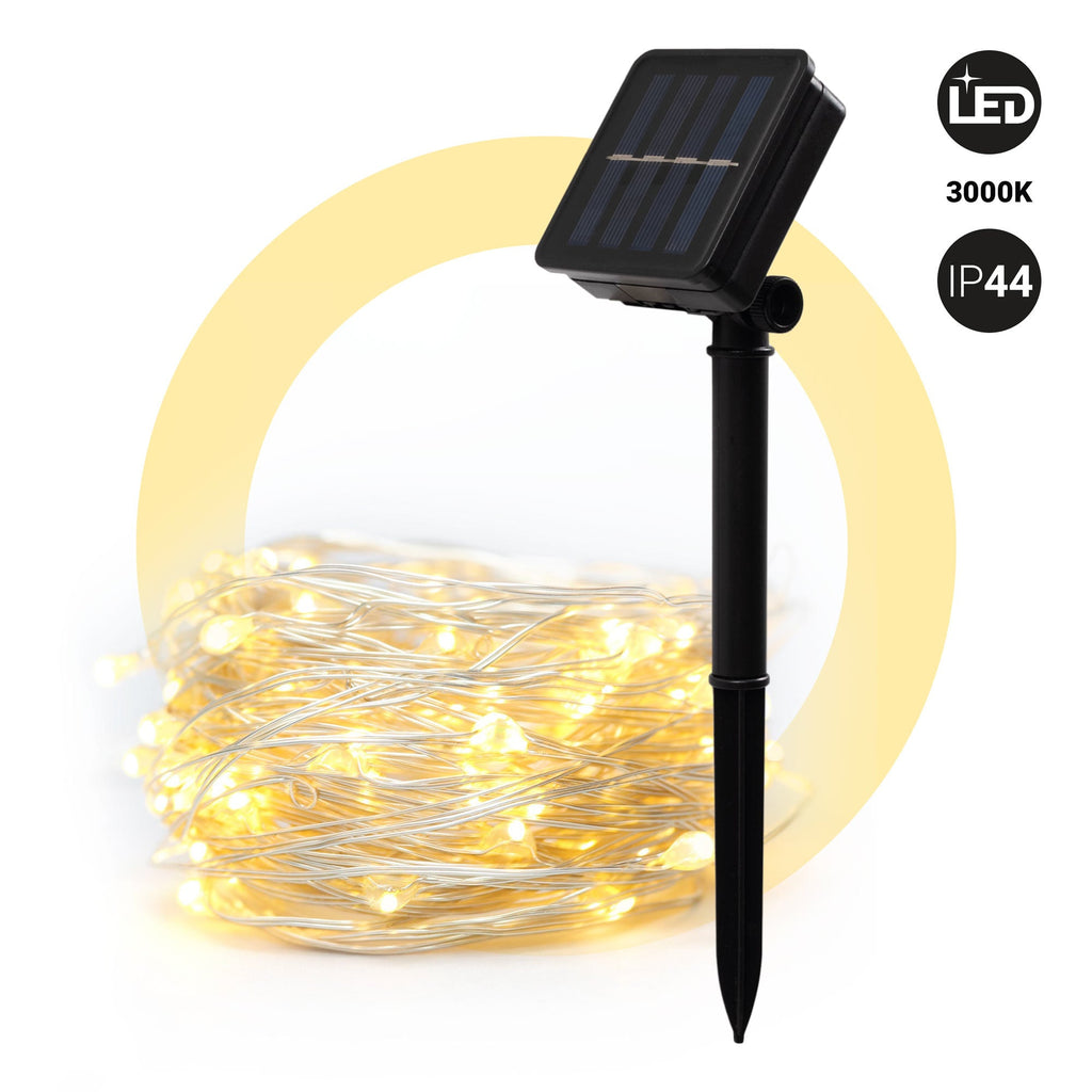 Guirnalda solar en alambre plateado - IP44 - 100 luces - Blanco cálido - 10 metros