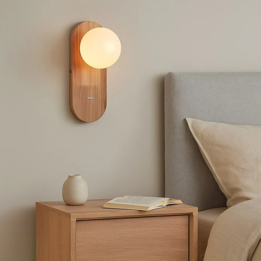 Aplique de pared bola cristal "SOMA" con interruptor - E27 G45 - Madera clara