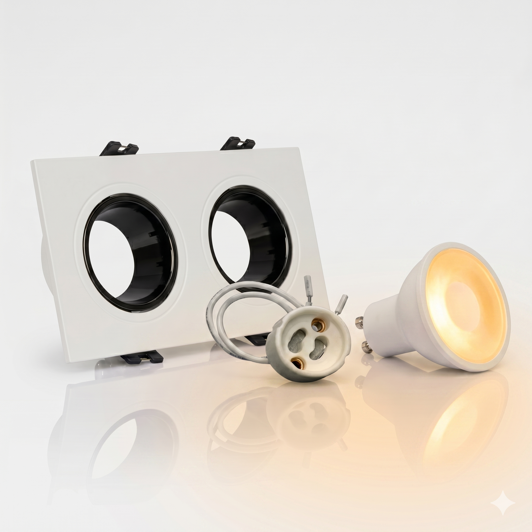 Kit downlight cuadrado basculante doble Bajo UGR + Portalámpara + Bombilla GU10