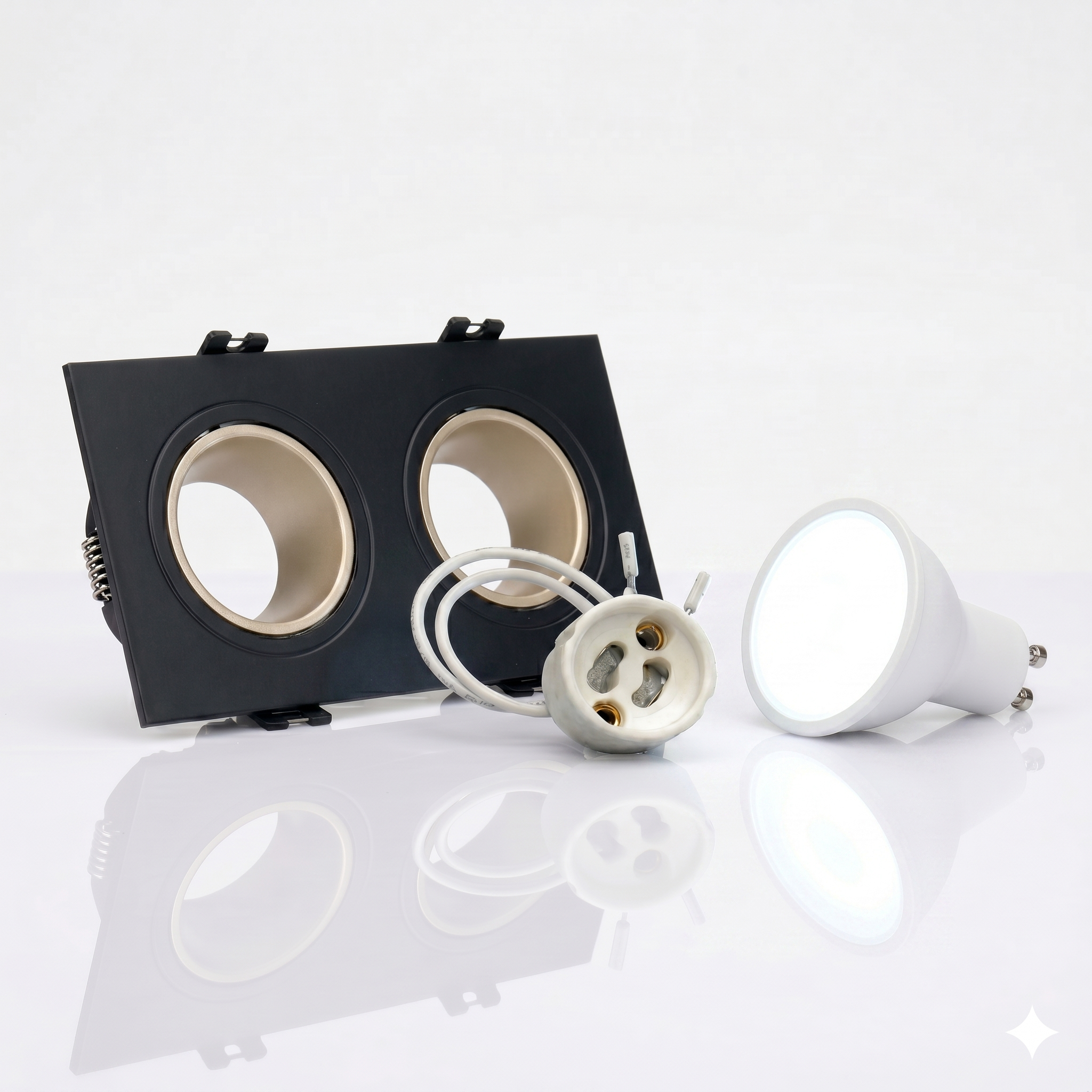 Kit downlight cuadrado basculante doble Bajo UGR + Portalámpara + Bombilla GU10