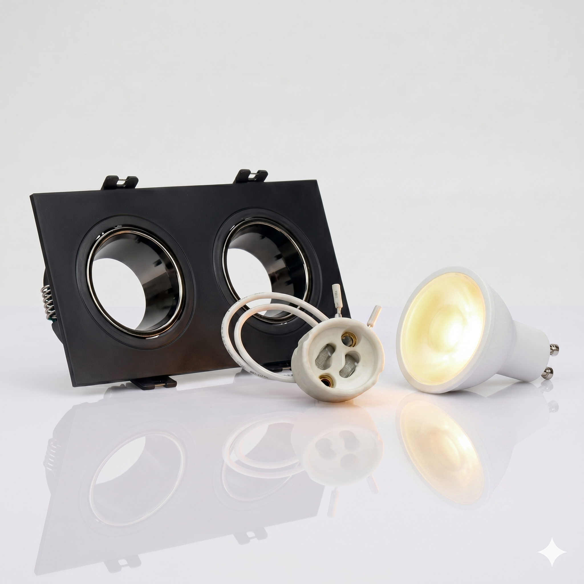 Kit downlight cuadrado basculante doble Bajo UGR + Portalámpara + Bombilla GU10