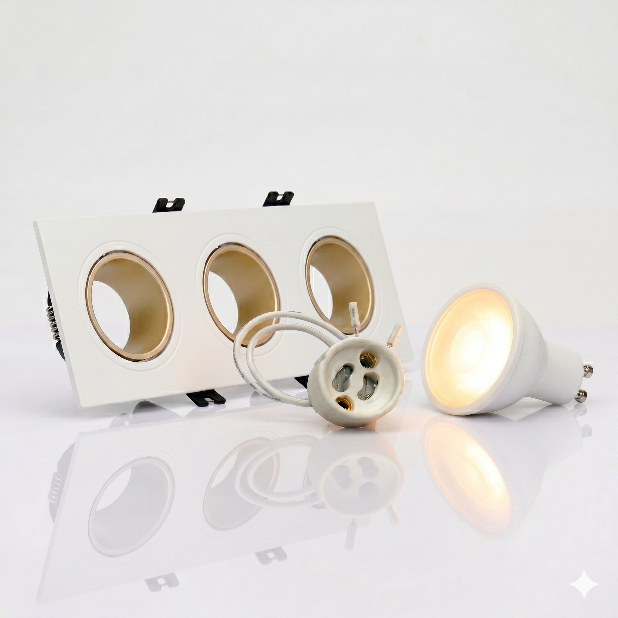 Kit downlight cuadrado basculante triple Bajo UGR + Portalámpara + Bombilla GU10