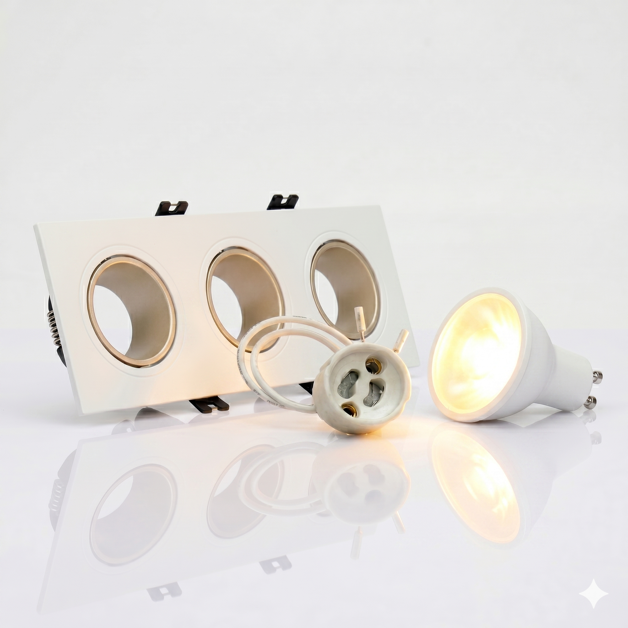 Kit downlight cuadrado basculante triple Bajo UGR + Portalámpara + Bombilla GU10
