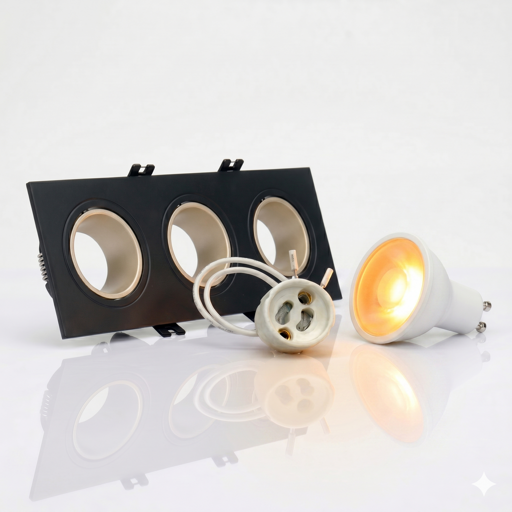 Kit downlight cuadrado basculante triple Bajo UGR + Portalámpara + Bombilla GU10