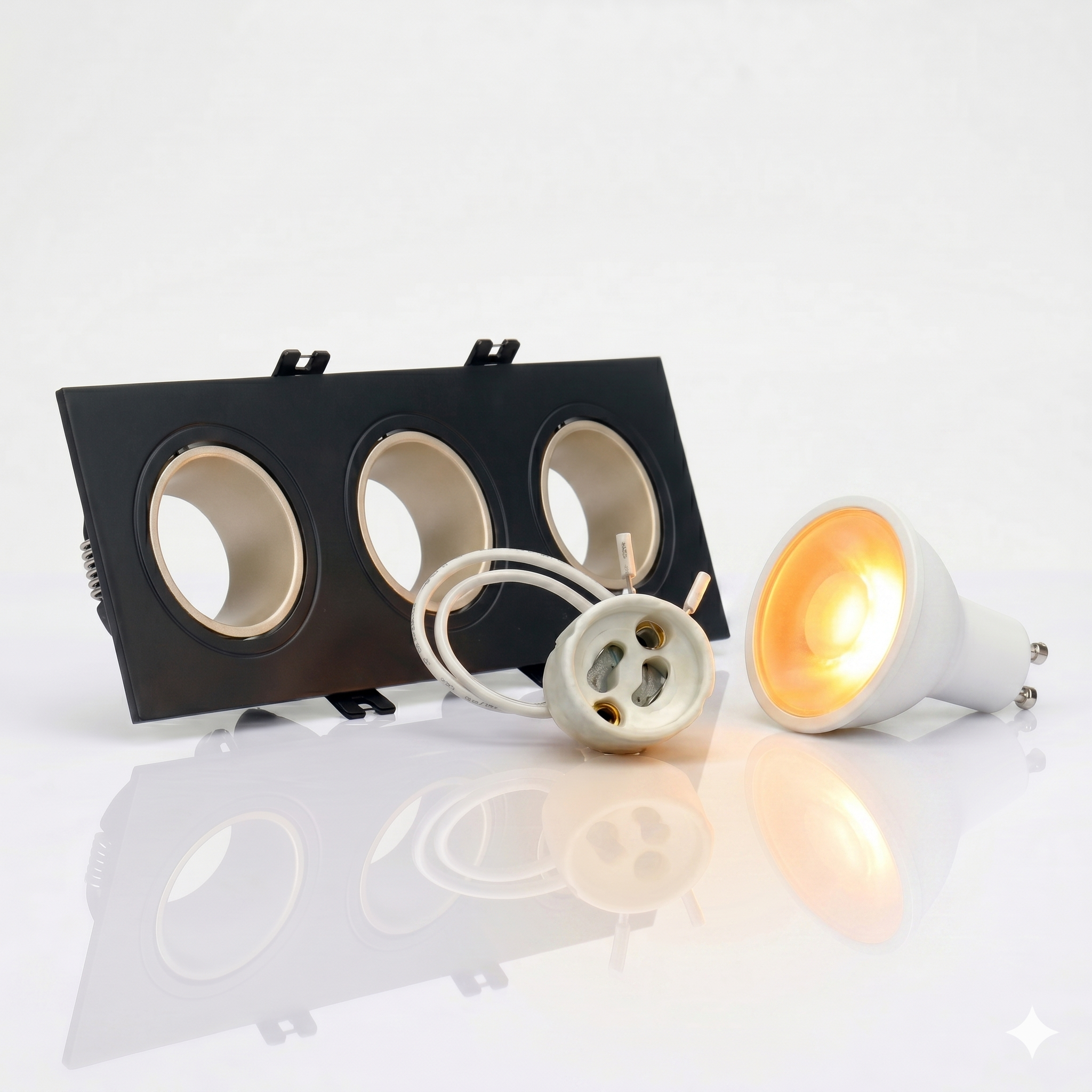 Kit downlight cuadrado basculante triple Bajo UGR + Portalámpara + Bombilla GU10