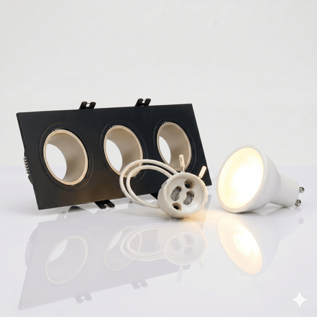 Kit downlight cuadrado basculante triple Bajo UGR + Portalámpara + Bombilla GU10