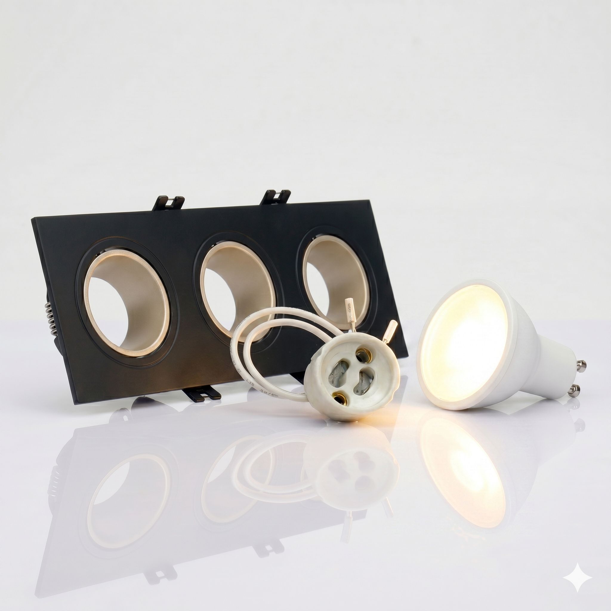 Kit downlight cuadrado basculante triple Bajo UGR + Portalámpara + Bombilla GU10