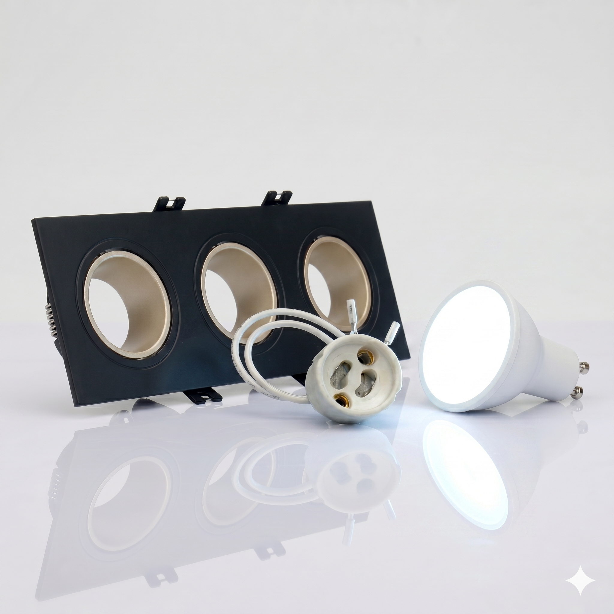 Kit downlight cuadrado basculante triple Bajo UGR + Portalámpara + Bombilla GU10