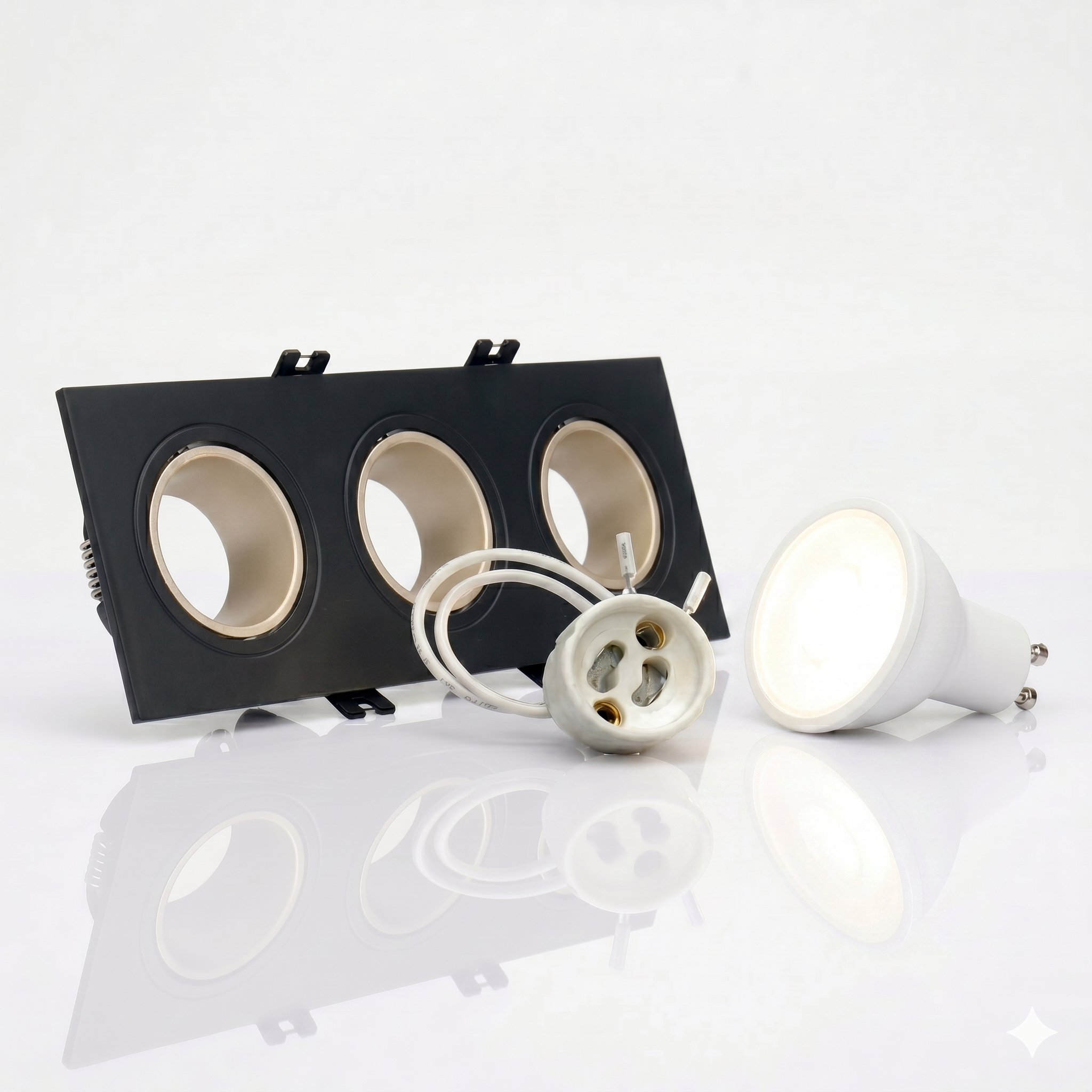 Kit downlight cuadrado basculante triple Bajo UGR + Portalámpara + Bombilla GU10