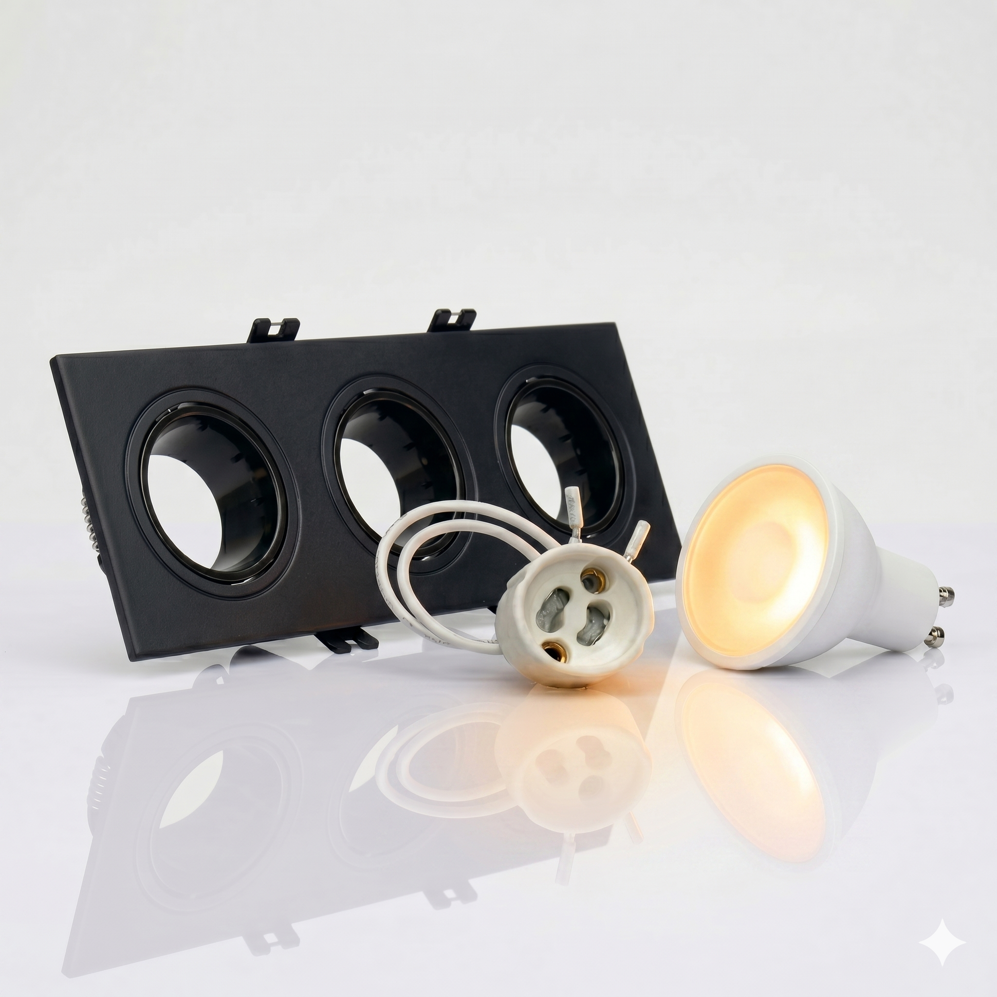 Kit downlight cuadrado basculante triple Bajo UGR + Portalámpara + Bombilla GU10