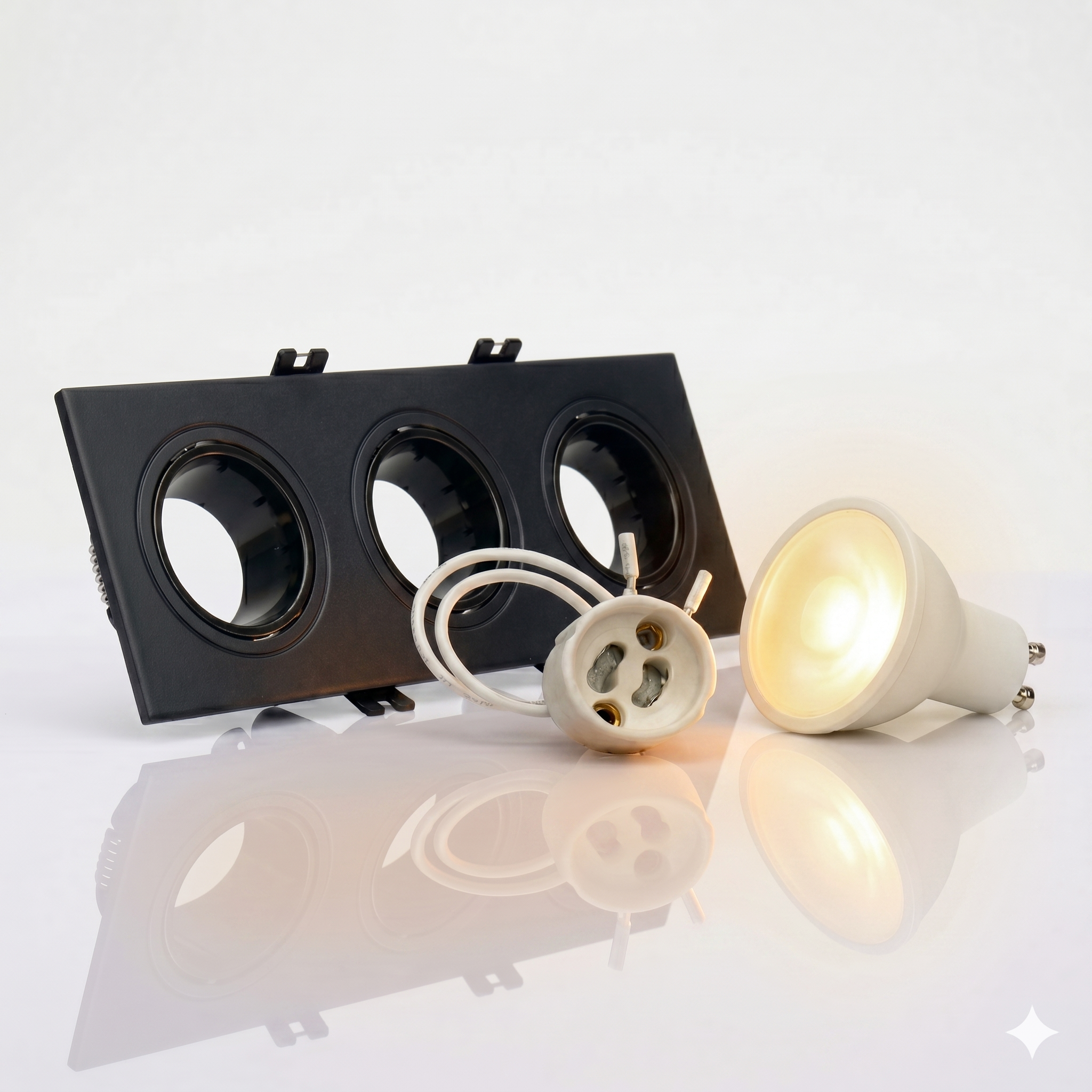 Kit downlight cuadrado basculante triple Bajo UGR + Portalámpara + Bombilla GU10
