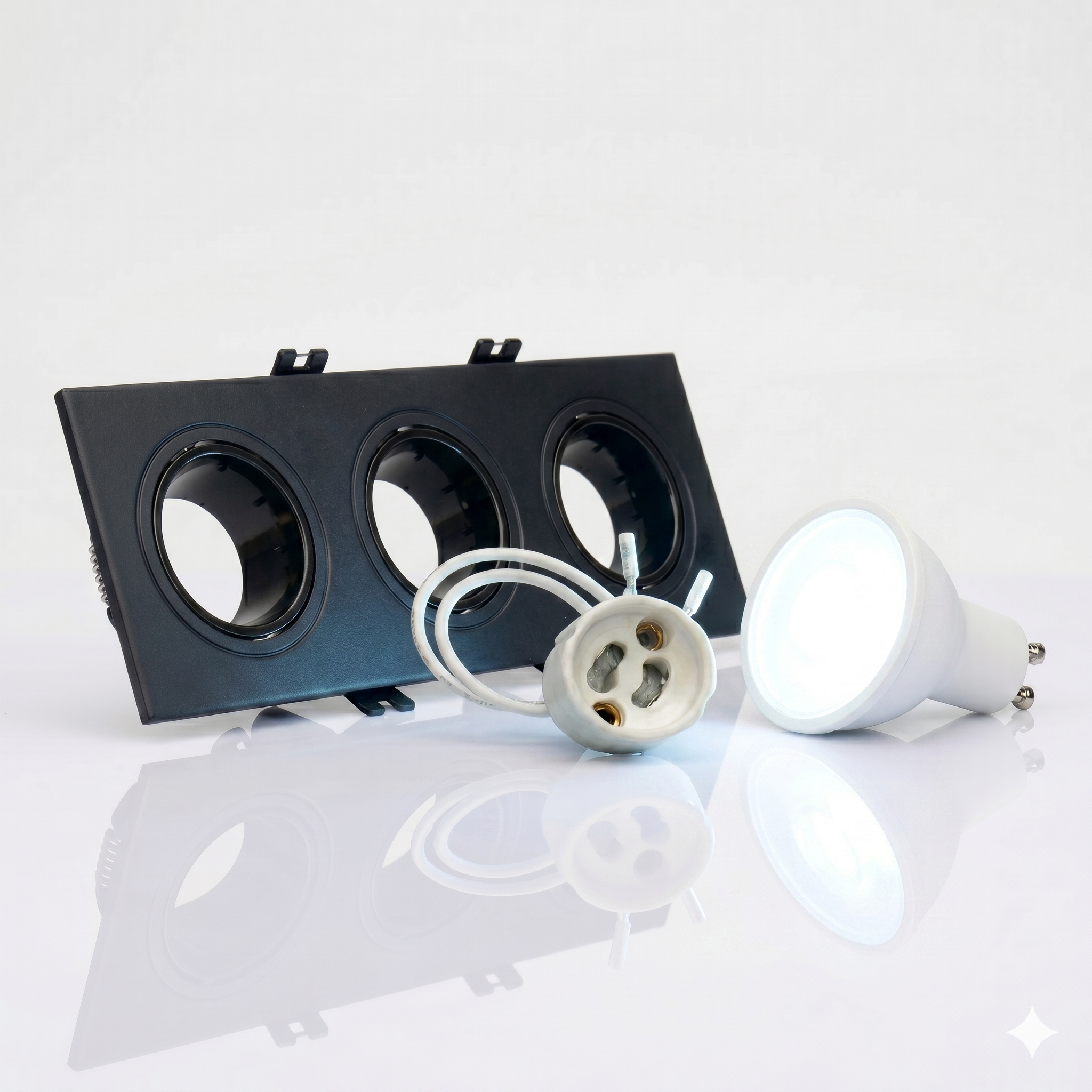 Kit downlight cuadrado basculante triple Bajo UGR + Portalámpara + Bombilla GU10
