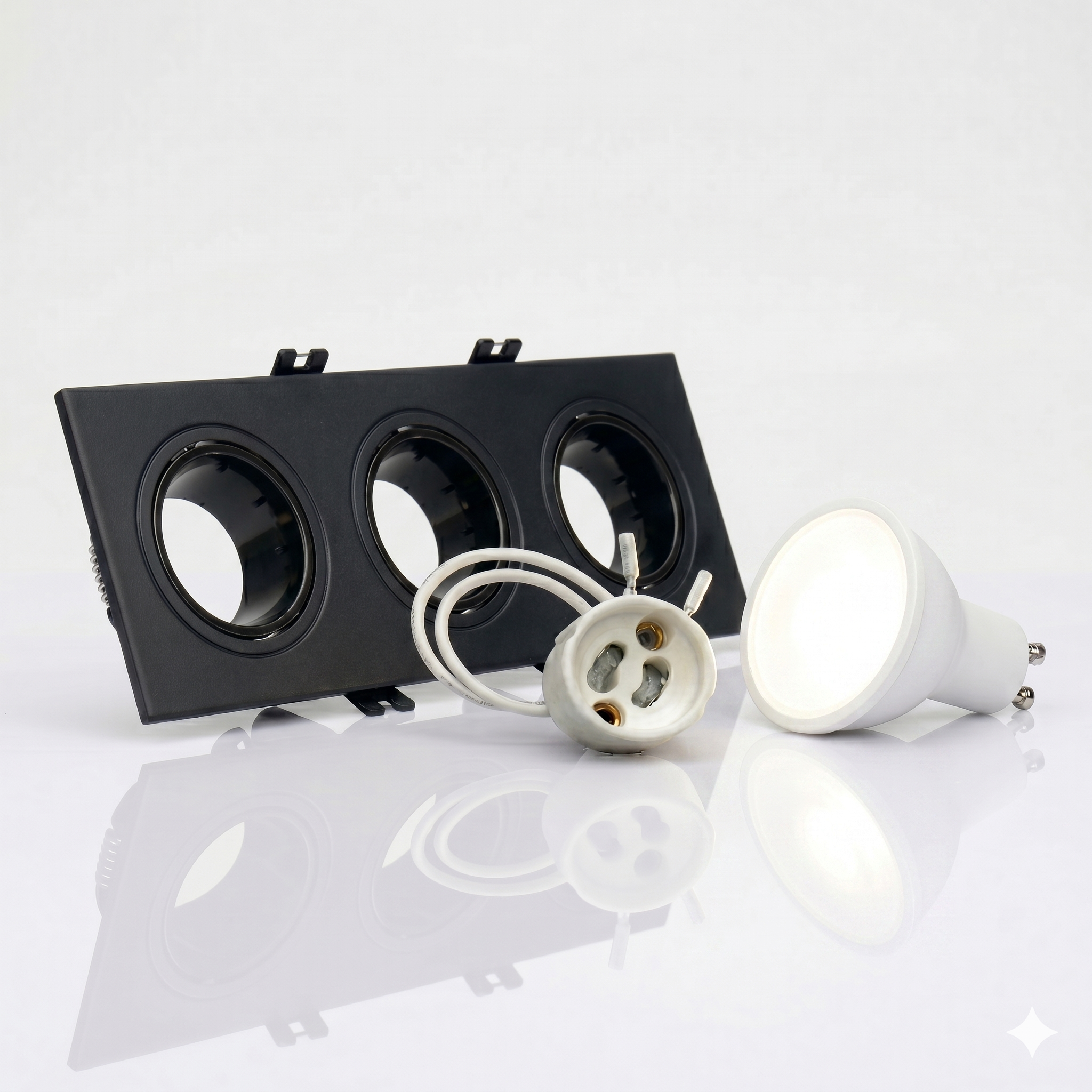 Kit downlight cuadrado basculante triple Bajo UGR + Portalámpara + Bombilla GU10