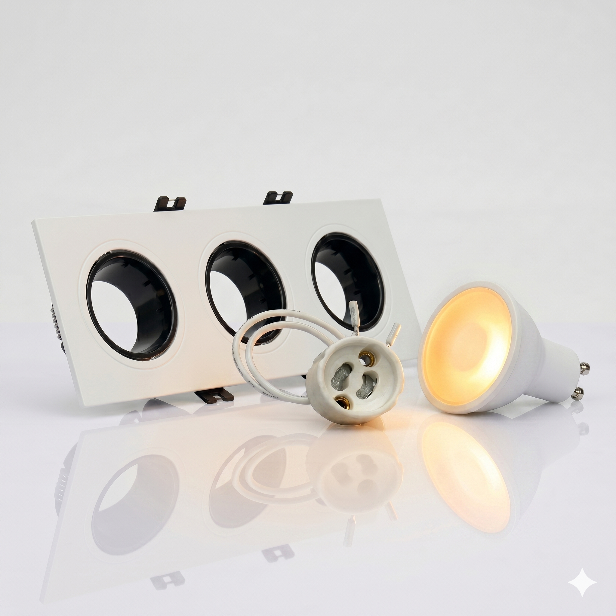 Kit downlight cuadrado basculante triple Bajo UGR + Portalámpara + Bombilla GU10