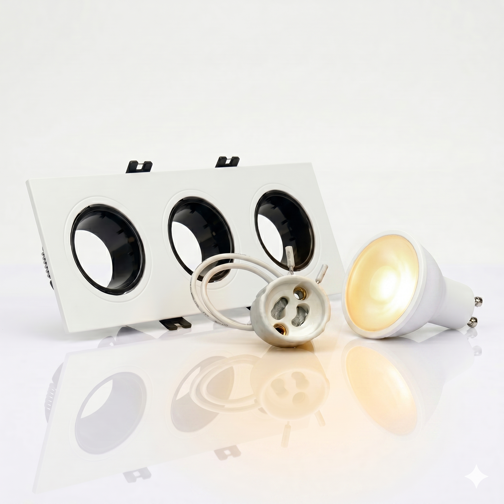 Kit downlight cuadrado basculante triple Bajo UGR + Portalámpara + Bombilla GU10