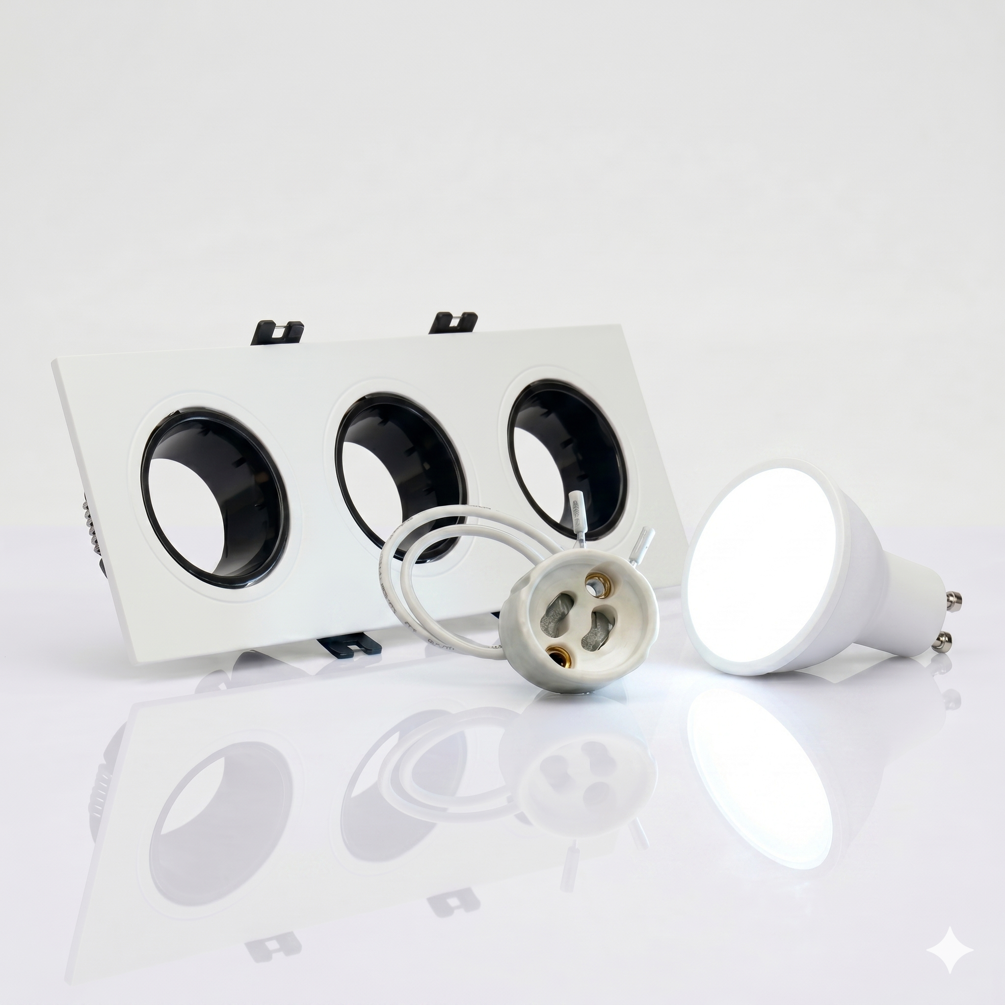 Kit downlight cuadrado basculante triple Bajo UGR + Portalámpara + Bombilla GU10
