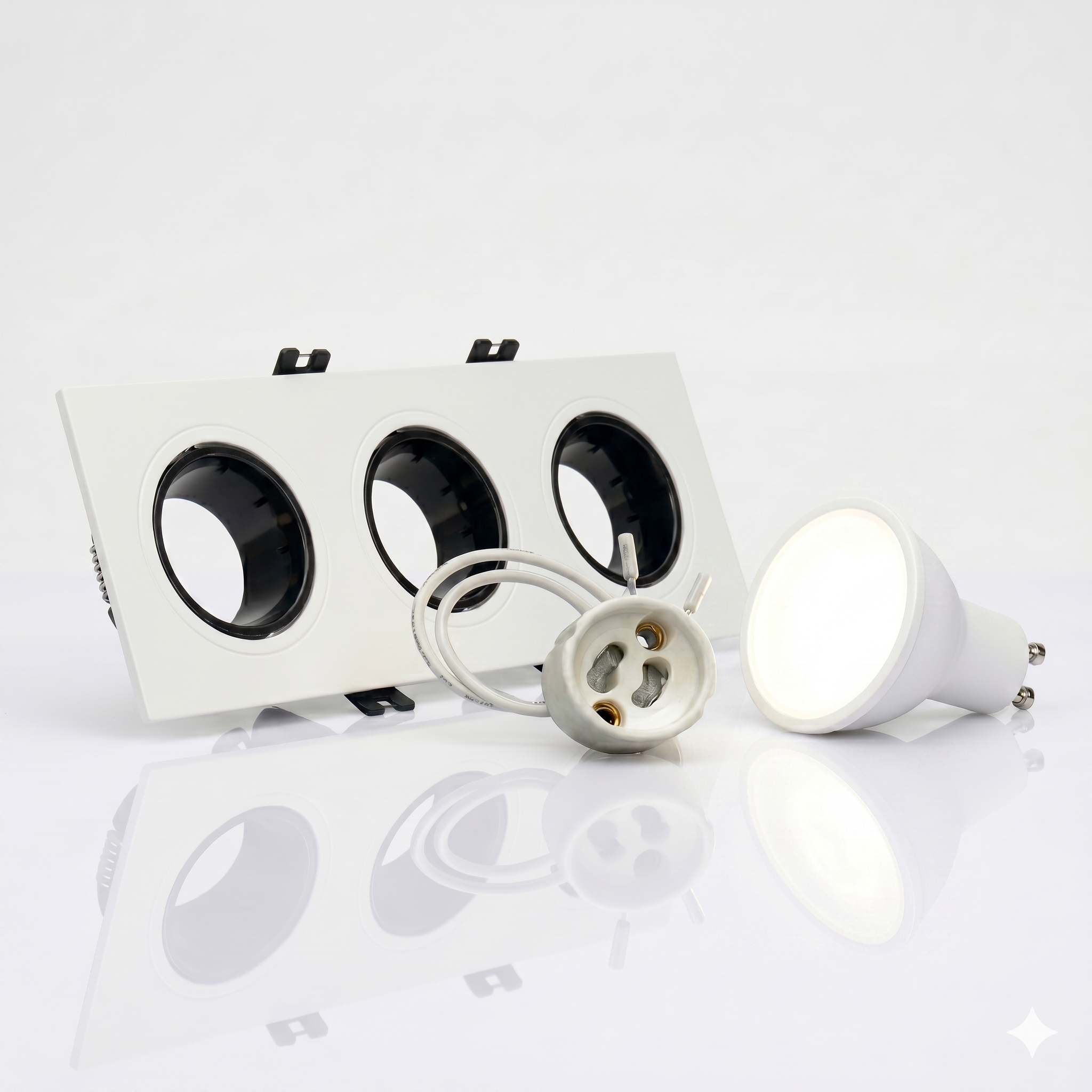 Kit downlight cuadrado basculante triple Bajo UGR + Portalámpara + Bombilla GU10
