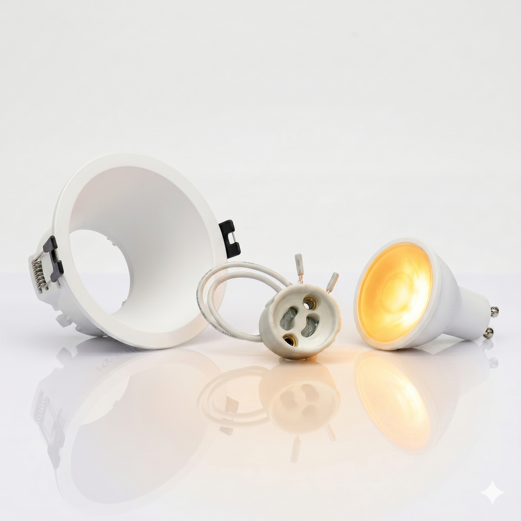 Kit aro downlight empotrable redondo Bajo UGR + Portalámpara + Bombilla GU10