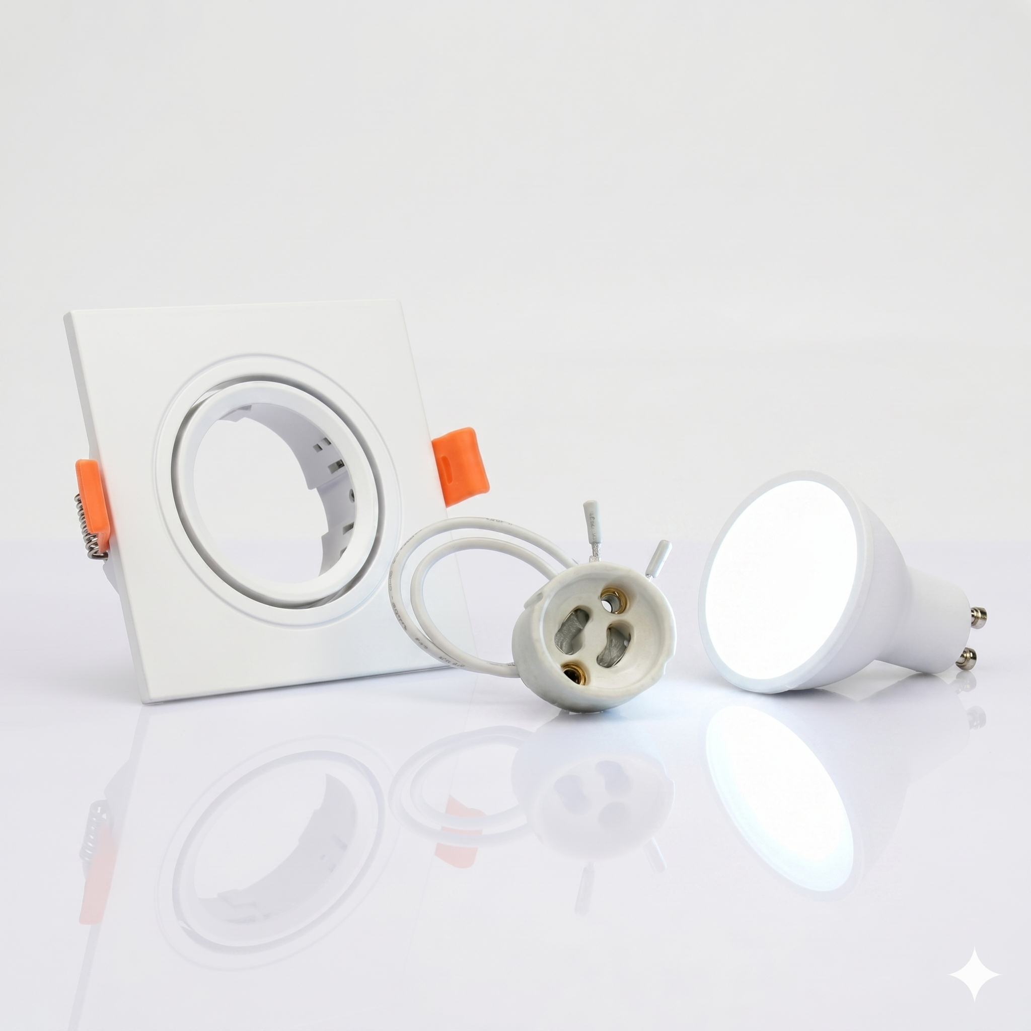 Kit Spot cuadrado basculante de embutir Corte Ø75mm + Portalámparas + Bombilla GU10