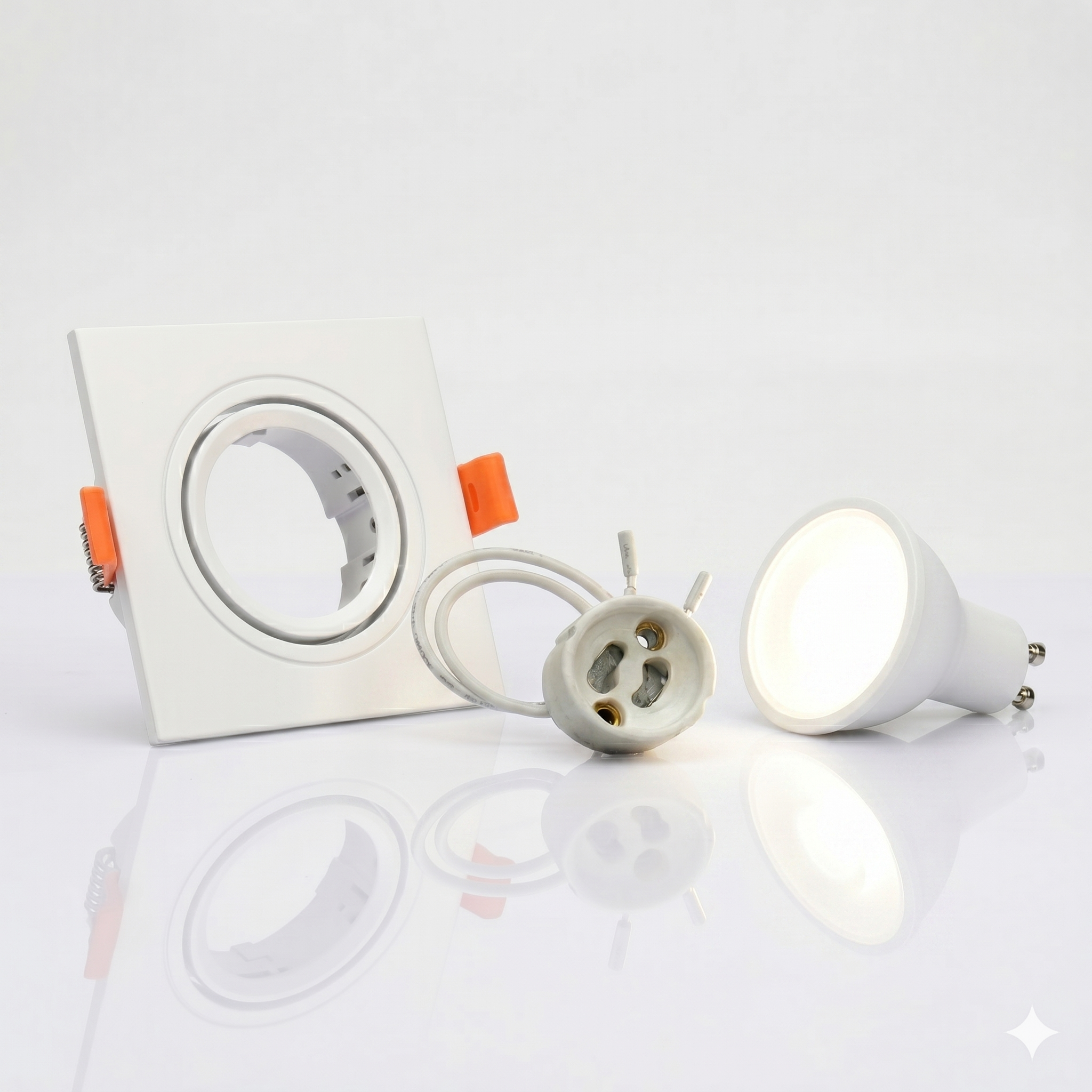 Kit Spot cuadrado basculante de embutir Corte Ø75mm + Portalámparas + Bombilla GU10