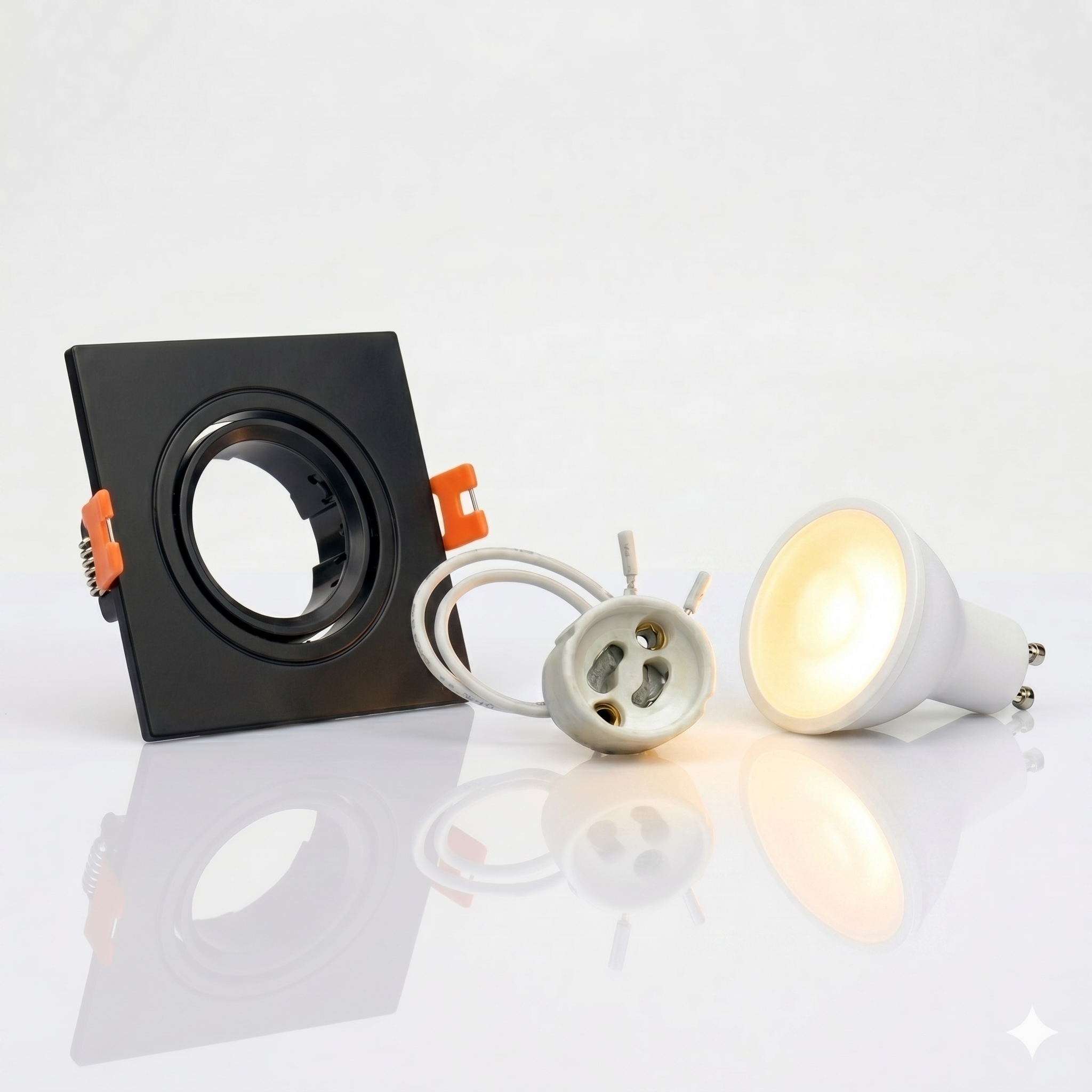 Kit Spot cuadrado basculante de embutir Corte Ø75mm + Portalámparas + Bombilla GU10