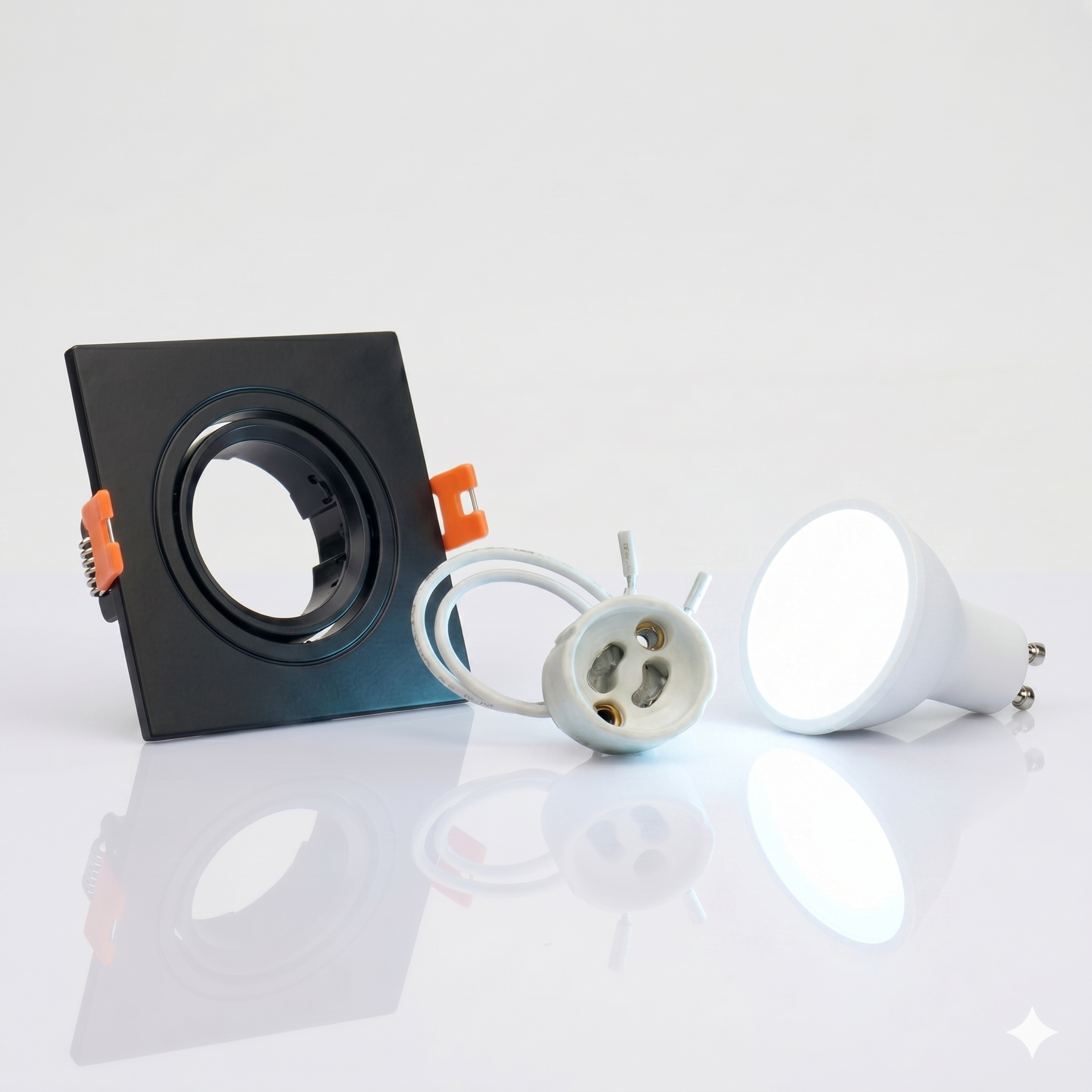 Kit Spot cuadrado basculante de embutir Corte Ø75mm + Portalámparas + Bombilla GU10