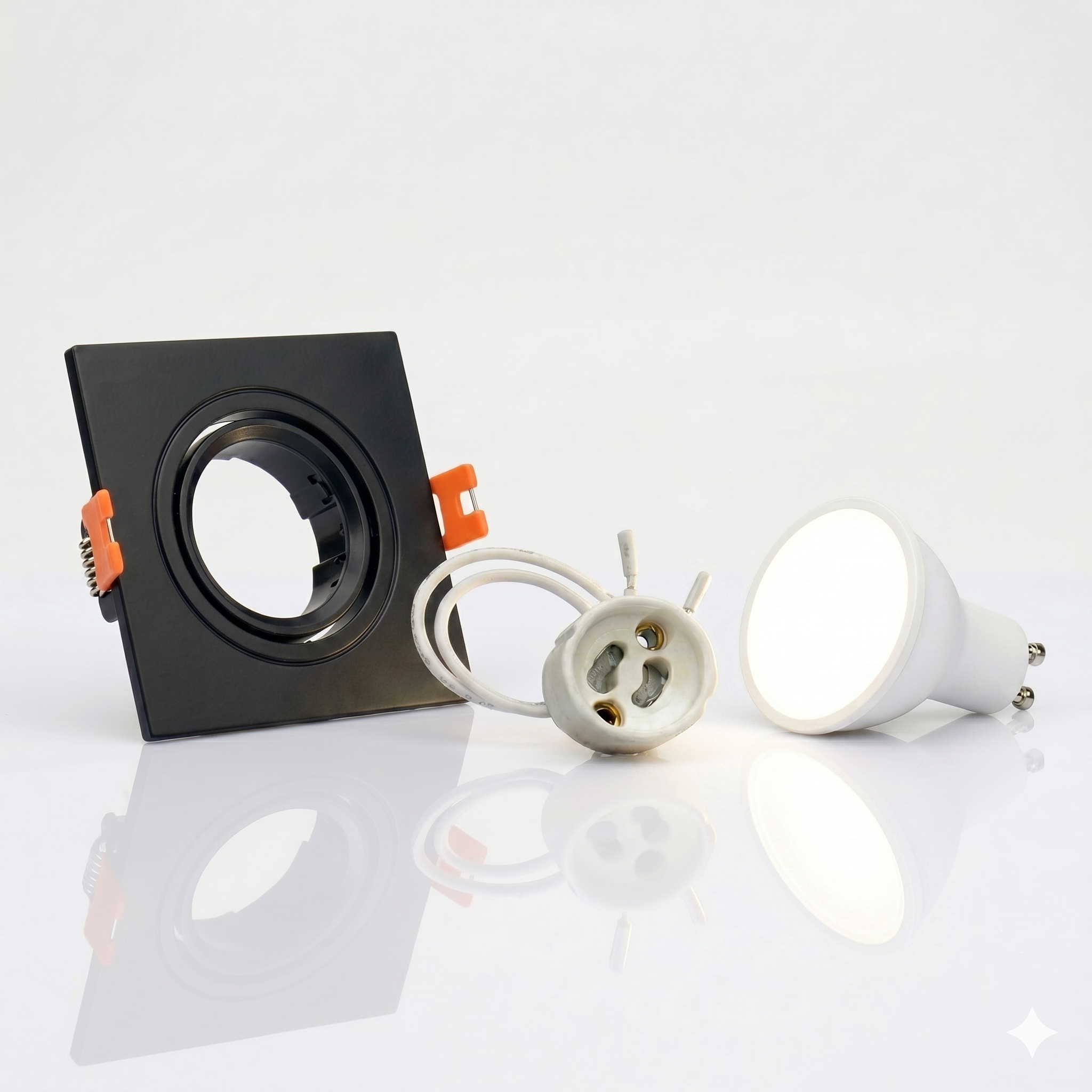 Kit Spot cuadrado basculante de embutir Corte Ø75mm + Portalámparas + Bombilla GU10