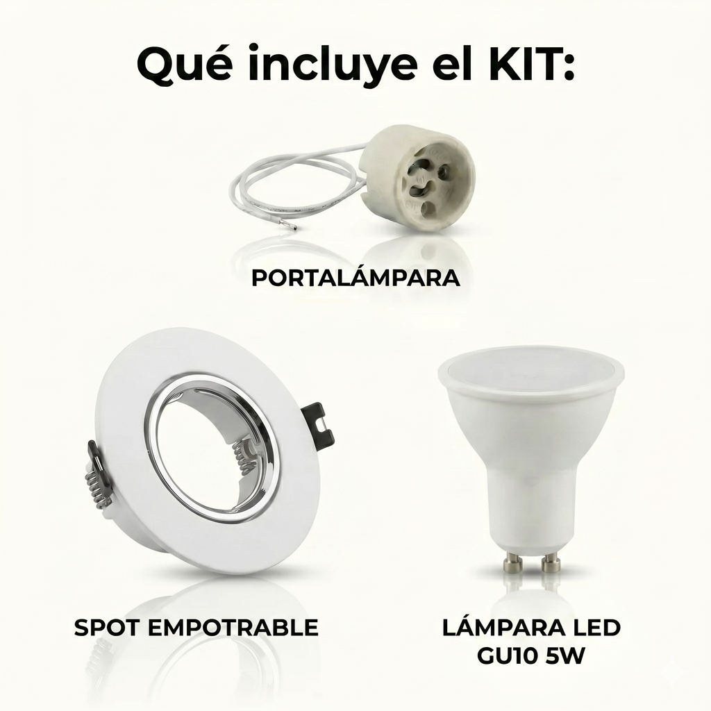 Kit spot redondo basculante para lámpara GU10 + Portalámpara + Bombilla