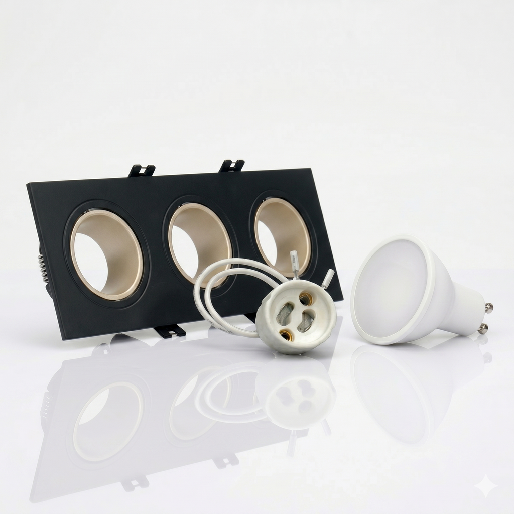 Kit downlight cuadrado basculante triple Bajo UGR + Portalámpara + Bombilla GU10