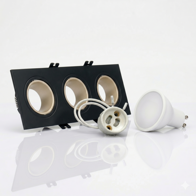 Kit downlight cuadrado basculante triple Bajo UGR + Portalámpara + Bombilla GU10