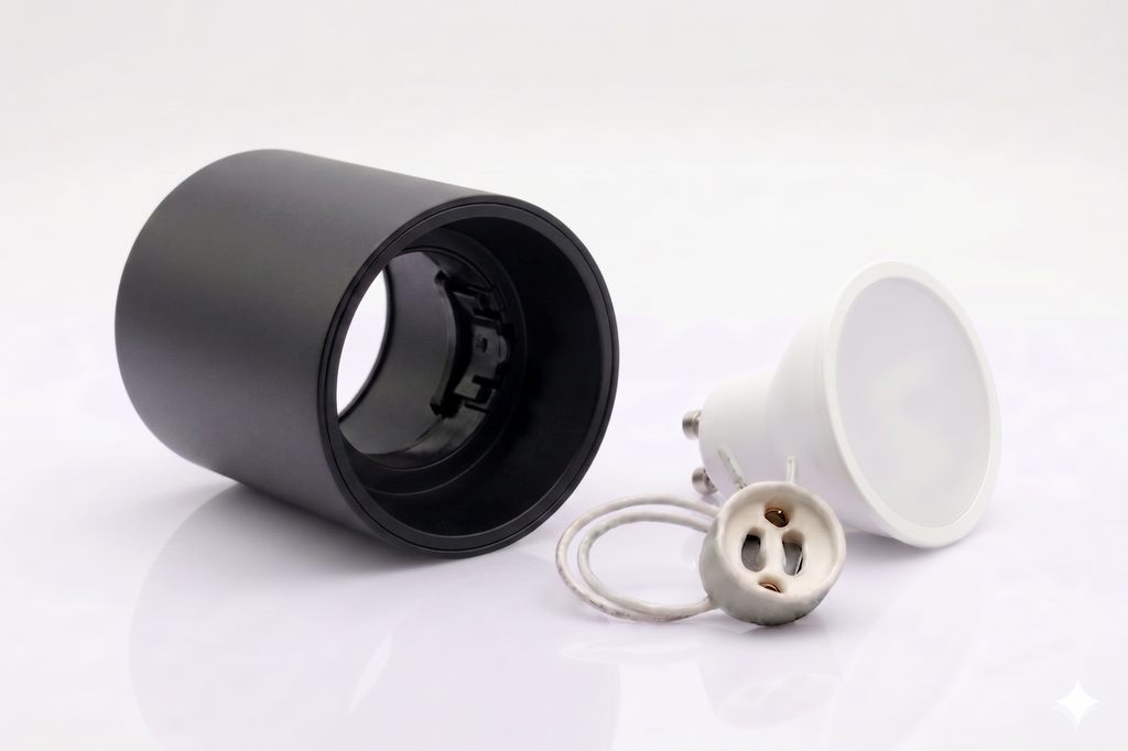 Kit Spot de superficie tubular Bajo UGR + Portalámparas + Bombilla GU10 - Corte Ø85 mm