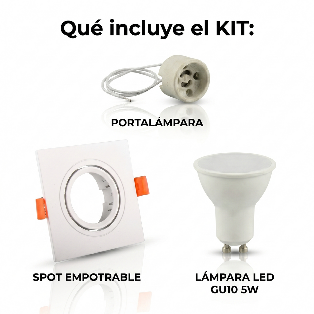 Kit Spot cuadrado basculante de embutir Corte Ø75mm + Portalámparas + Bombilla GU10