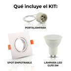 Kit Spot cuadrado basculante de embutir Corte Ø75mm + Portalámparas + Bombilla GU10